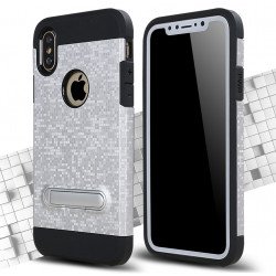 Apple iPhone X (Ten) Pixel Hybrid Kickstand Case with Metal Plate for Car Mount (Silver)